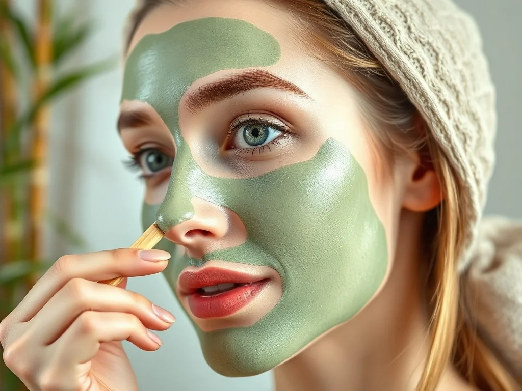 Kobieta nakłada pędzlem zieloną maskę na twarz w relaksującym otoczeniu spa.