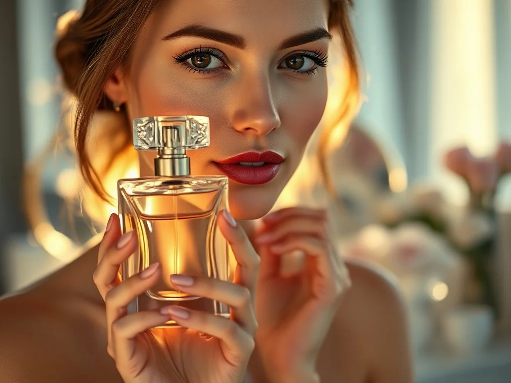 Elegancka kobieta trzymająca luksusowy flakon perfum Carolina Herrera w świetle zachodzącego słońca.