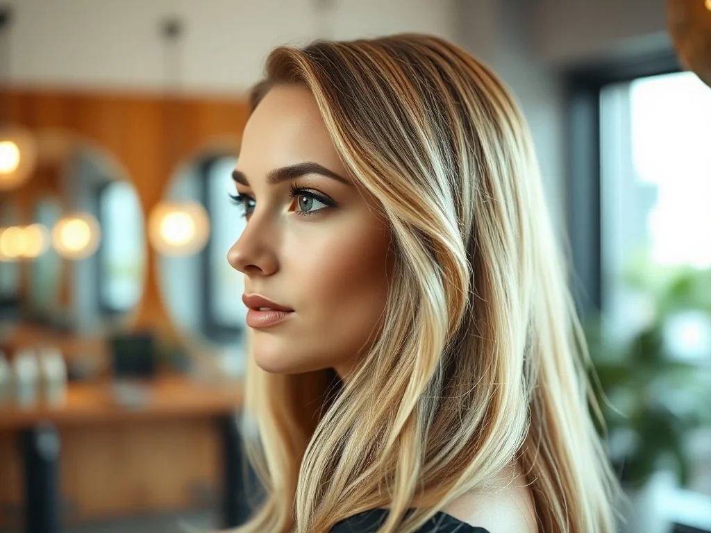 Kobieta z modnym efektem ciemnych odrostów płynnie przechodzących w jasny blond w nowoczesnym salonie fryzjerskim.