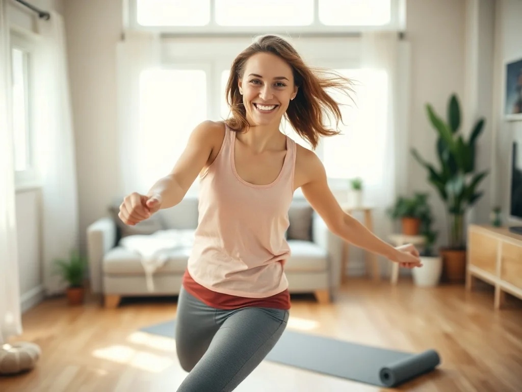 Uśmiechnięta kobieta w stroju sportowym energicznie tańczy zumbę w jasnym, domowym salonie.