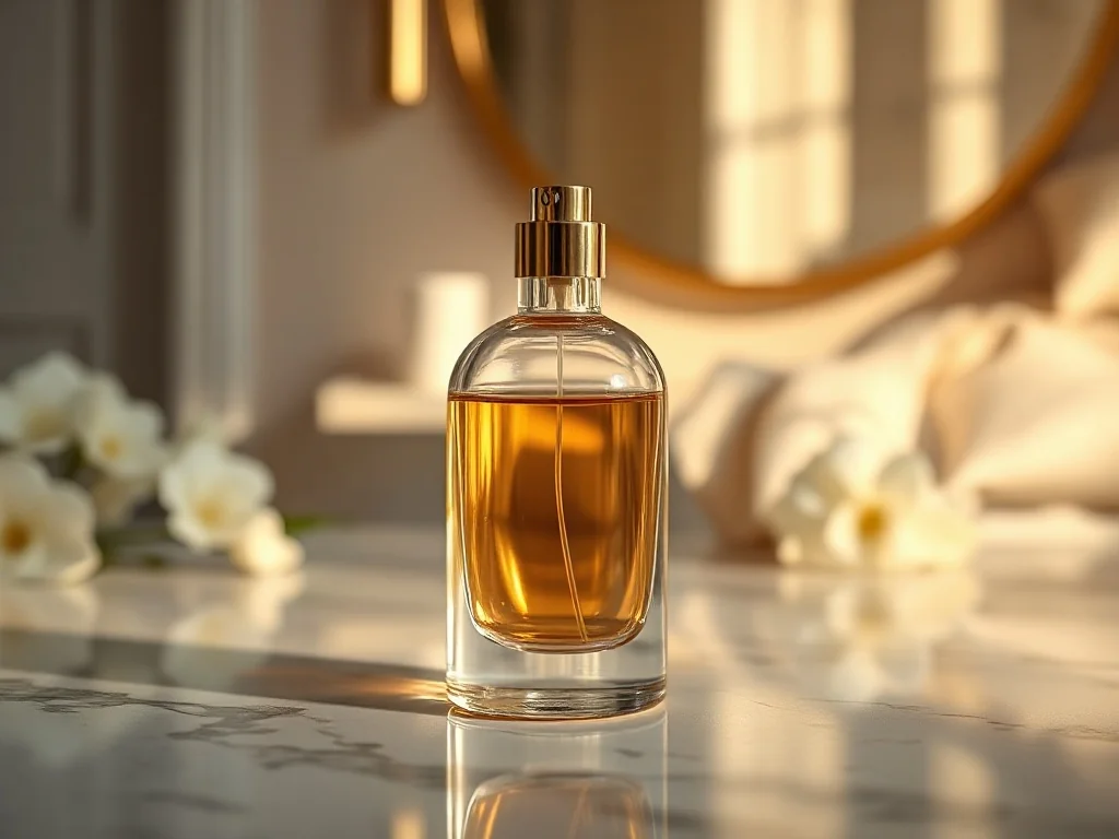 Elegancki flakon perfum La Rive Her Choice na marmurowym blacie w otoczeniu kwiatów i jedwabiu w luksusowym stylu.