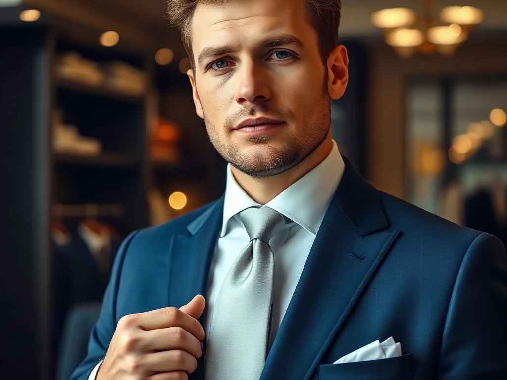 Elegancki mężczyzna w garniturze poprawia krawat przed lustrem, prezentując zasady poprawnego wiązania dodatków.
