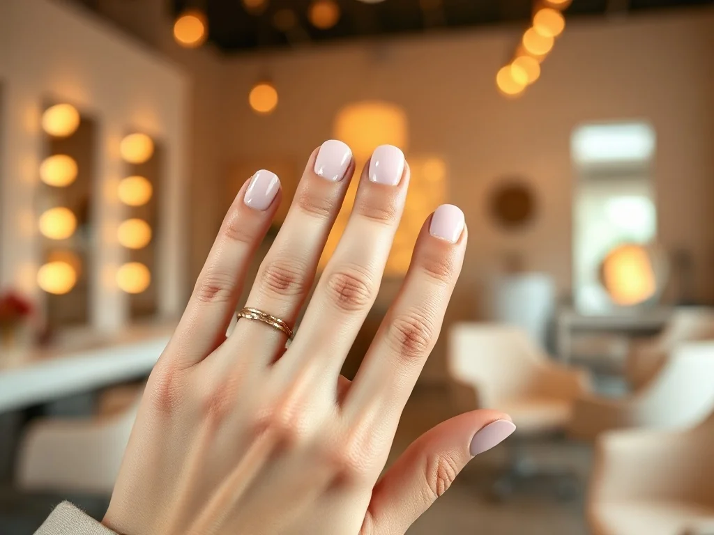 Zadbane krótkie paznokcie w eleganckim, pastelowym odcieniu na tle przytulnego salonu kosmetycznego.